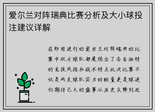 爱尔兰对阵瑞典比赛分析及大小球投注建议详解